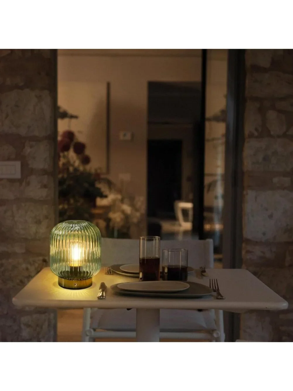 Rechargeable Green Glass Table Lamp with Dimmable Brightness & Memory Function